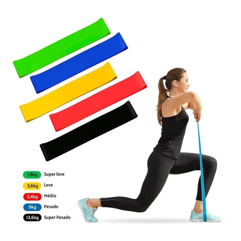 Kit c/ 5 Faixas Elásticas Para Exercícios - Ideal p/ Yoga, Pilates, Funcional e Alongamentos