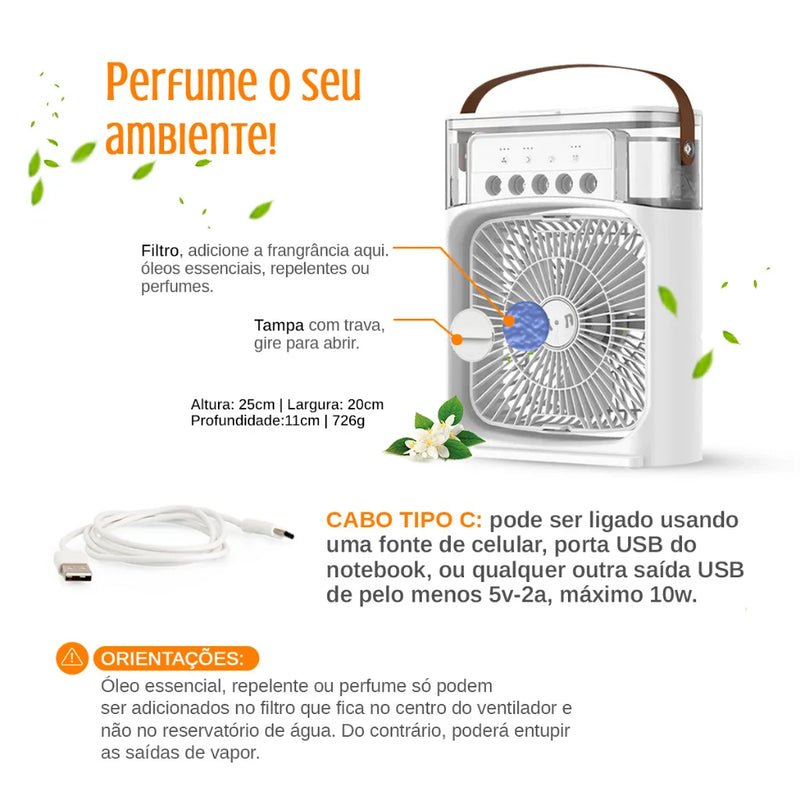 Mini Ar Condicionado Portátil 4 em 1 -  Climatizador, Umidificador, Ventilador e LED USB