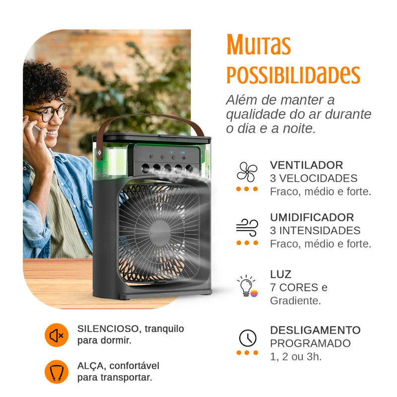 Mini Ar Condicionado Portátil 4 em 1 -  Climatizador, Umidificador, Ventilador e LED USB